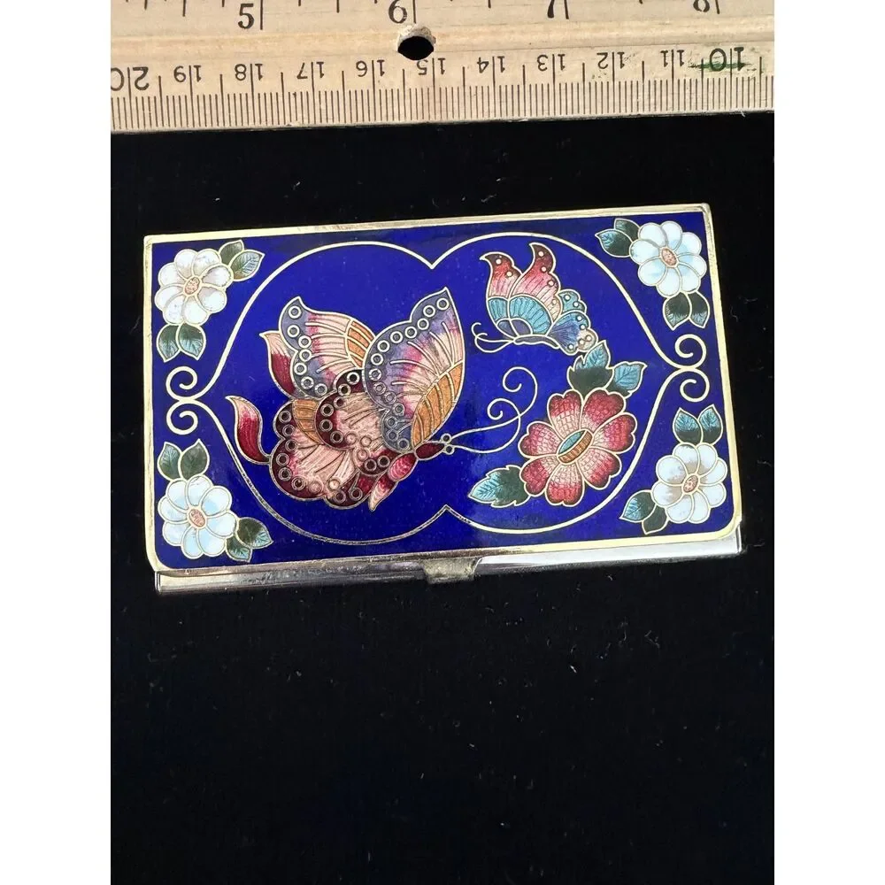 Vintage chinese Cloisonne Enamel Butterfly and floral Design card holder